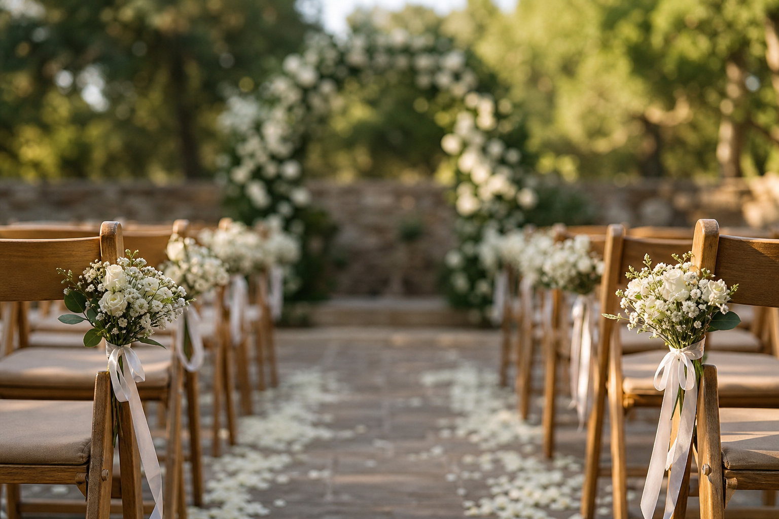 Simple floral pew markers and petals lining a wedding ceremony aisle