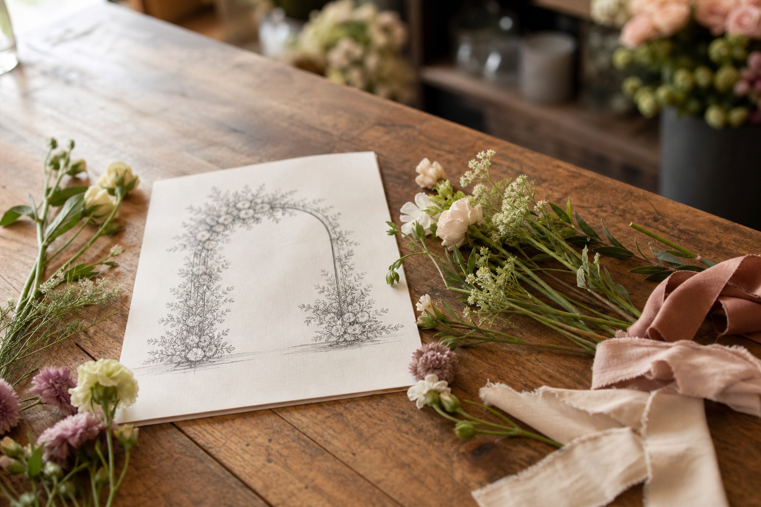 Floral design sketches and flower swatches on a wooden worktable