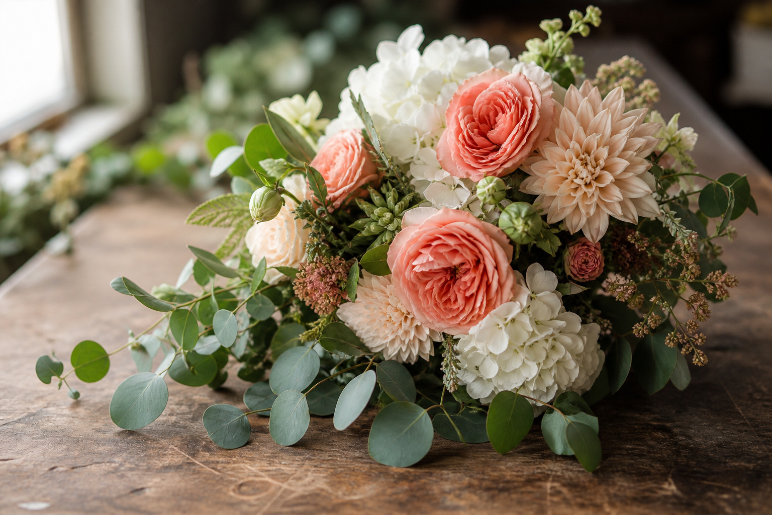 Summer wedding bouquet with dahlias, garden roses, and eucalyptus on a florist worktable