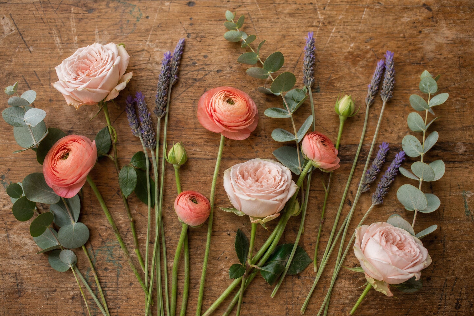 Summer wedding bouquet color palette with blush roses, coral ranunculus, and soft lavender stems laid flat on wood