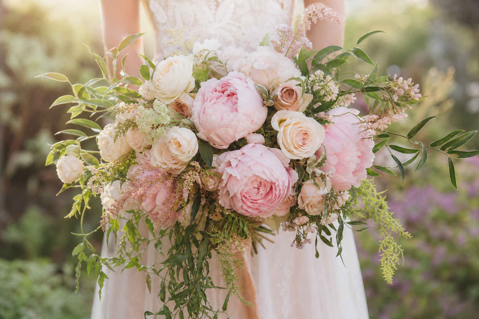 Garden romantic wedding bouquet with peonies and garden roses held against natural light