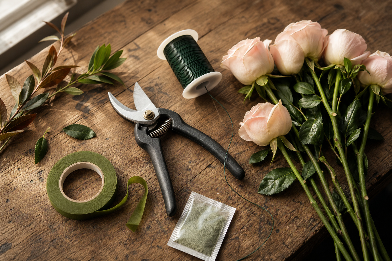 Floral tools laid out on a wooden worktable including pruners, floral wire, and flower food packets
