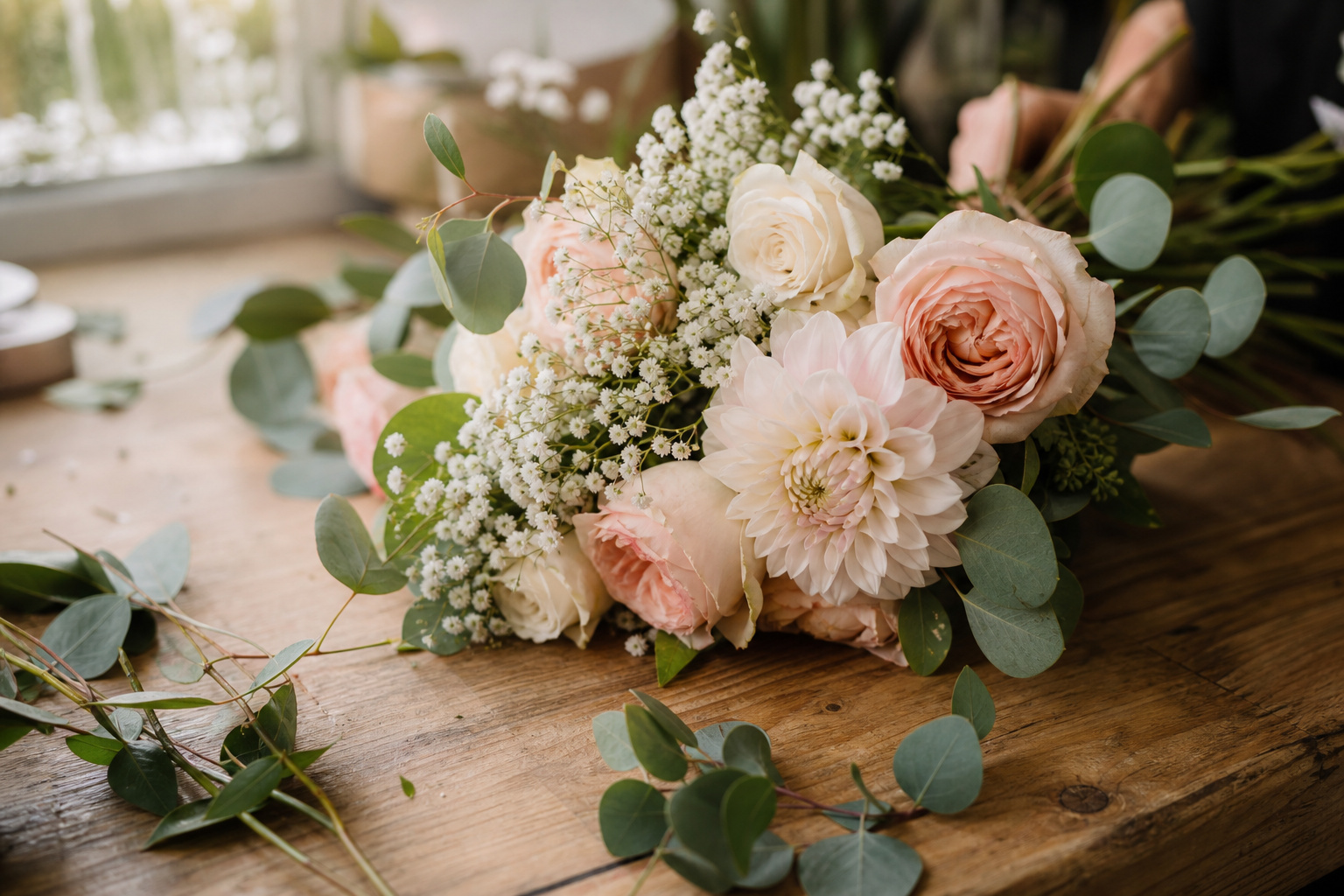 Florist's hands arranging garden roses and baby's breath on a workbench