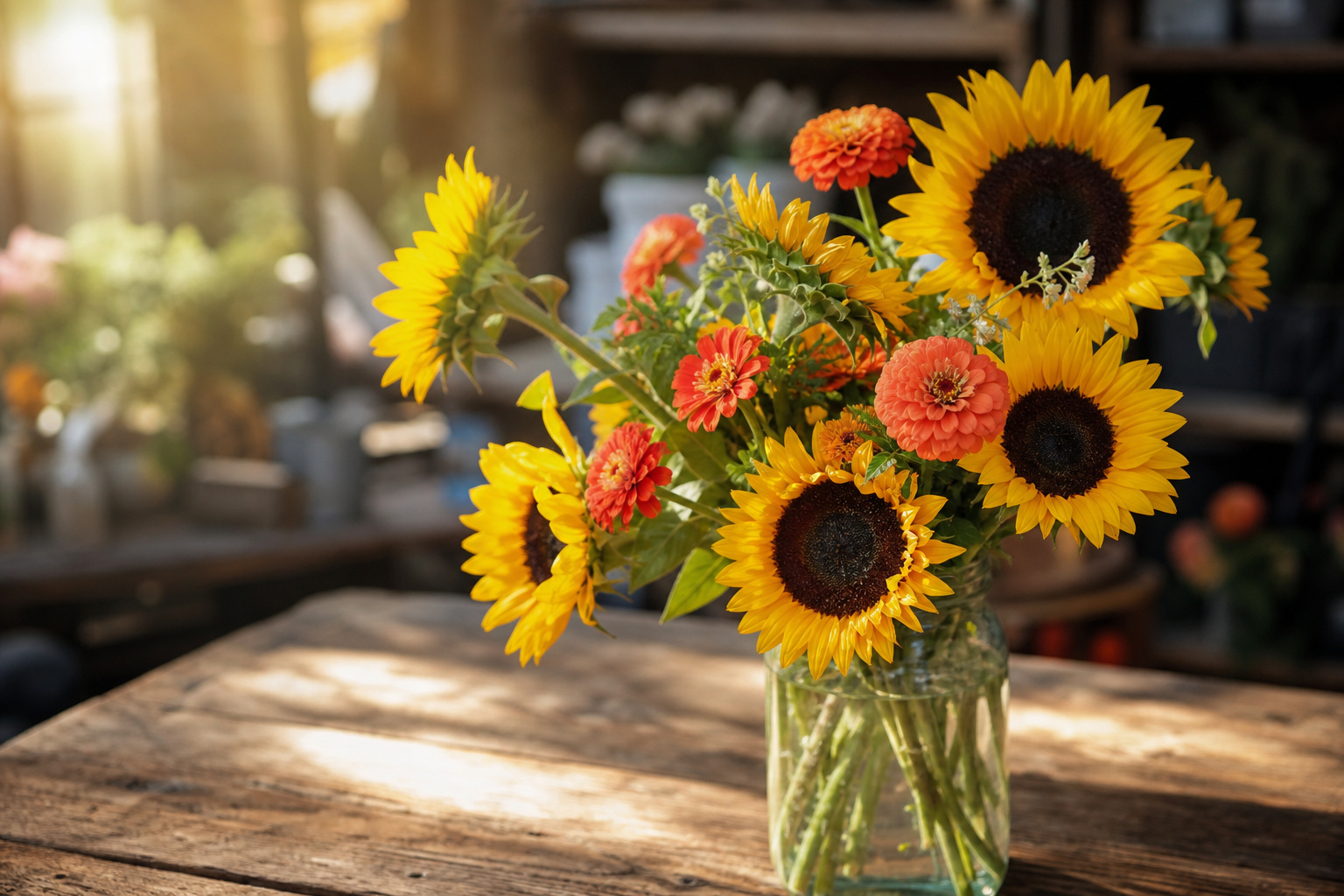 Sunflowers and zinnias in a glass jar on a sunny wooden surface, photographed in warm light