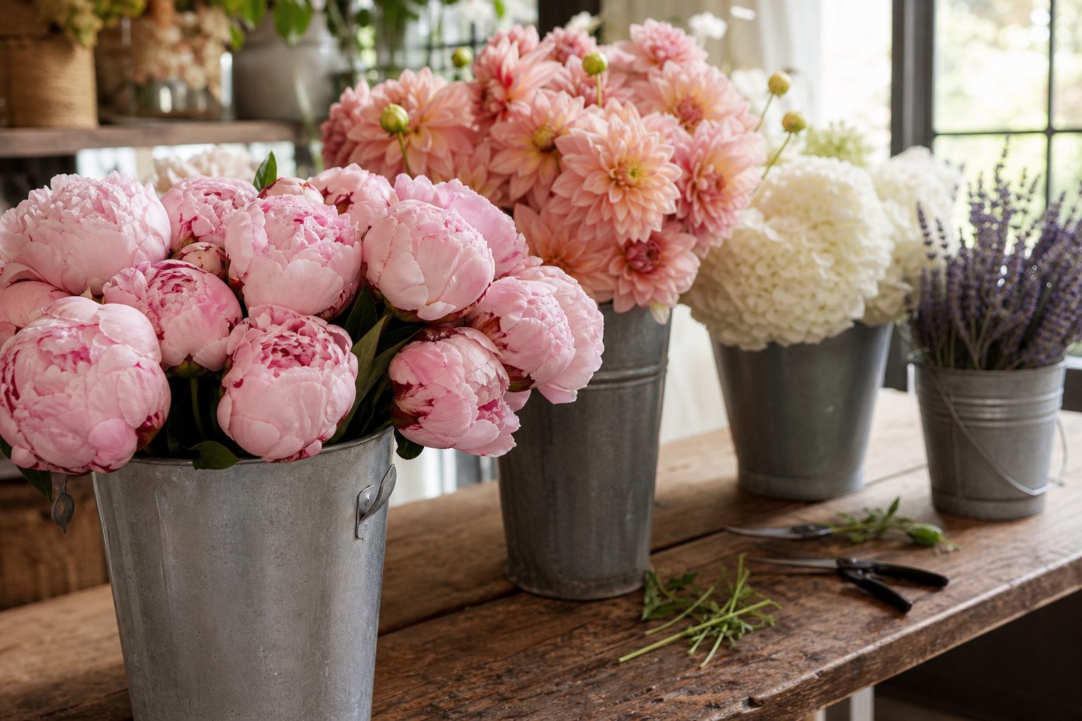 Seasonal summer flowers in buckets on a florist shop workbench including peonies, dahlias, and hydrangeas