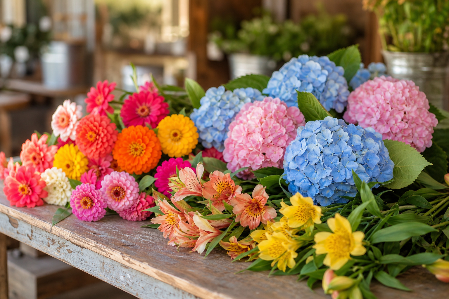 Budget-friendly summer wedding flowers including zinnias, hydrangeas, and alstroemeria on a wooden table