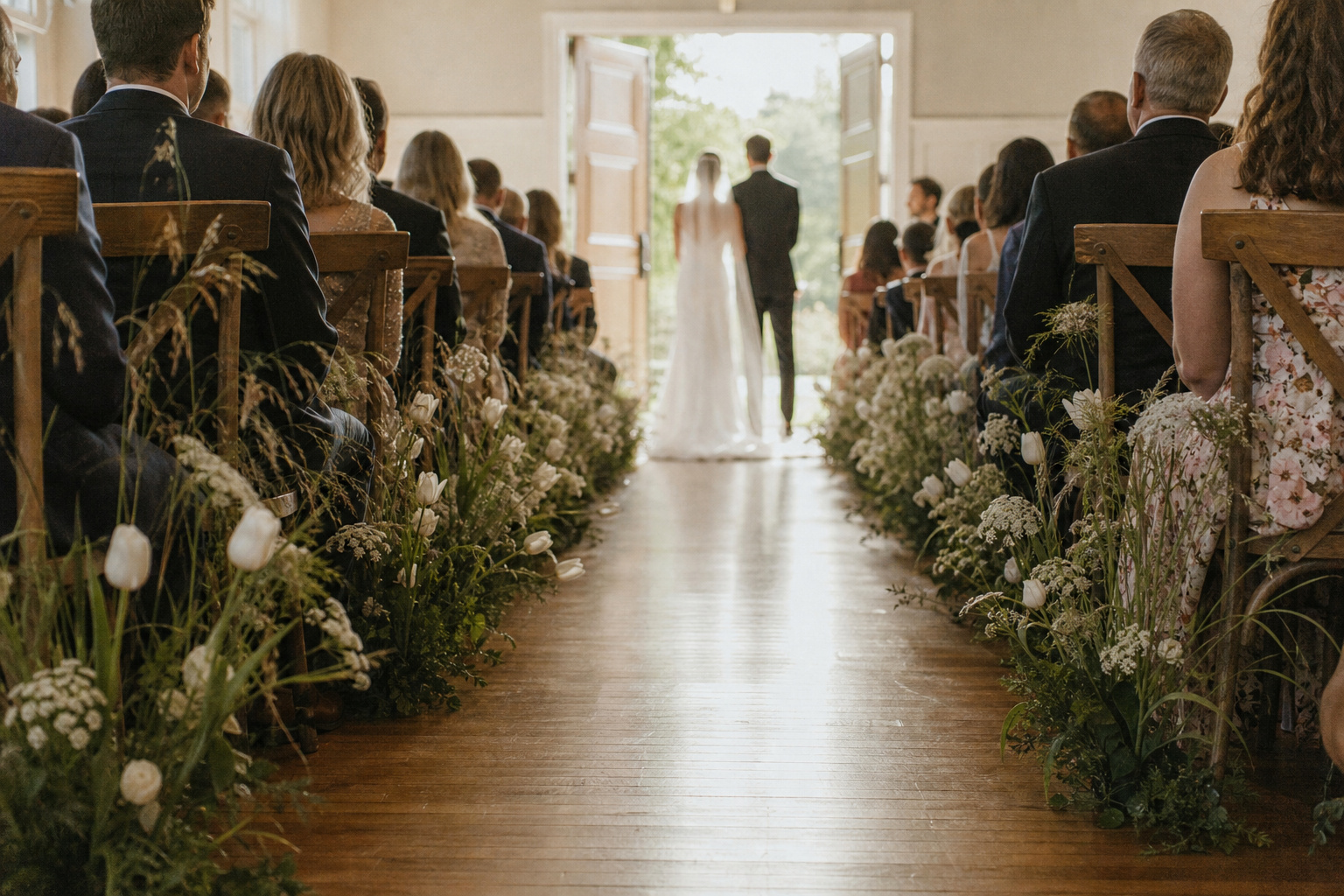 Wedding ceremony aisle lined with ground-level wildflower clusters and ornamental grass