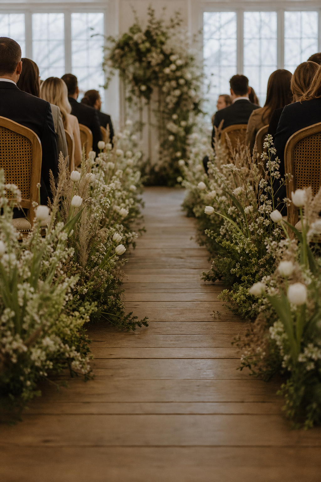 Ground-level wildflower and grass clusters lining a wedding ceremony aisle