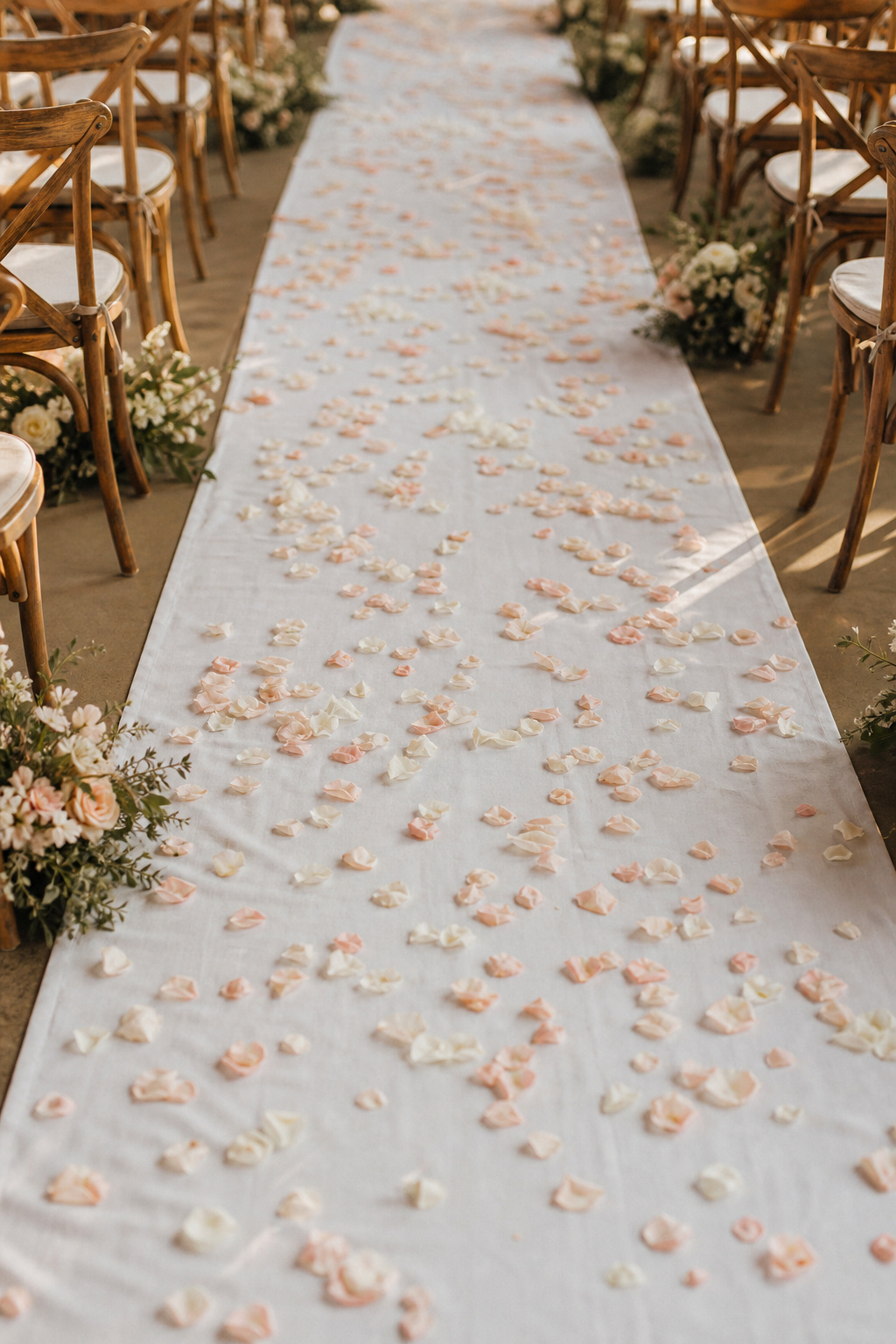 White aisle runner with scattered rose petals down a wedding ceremony aisle