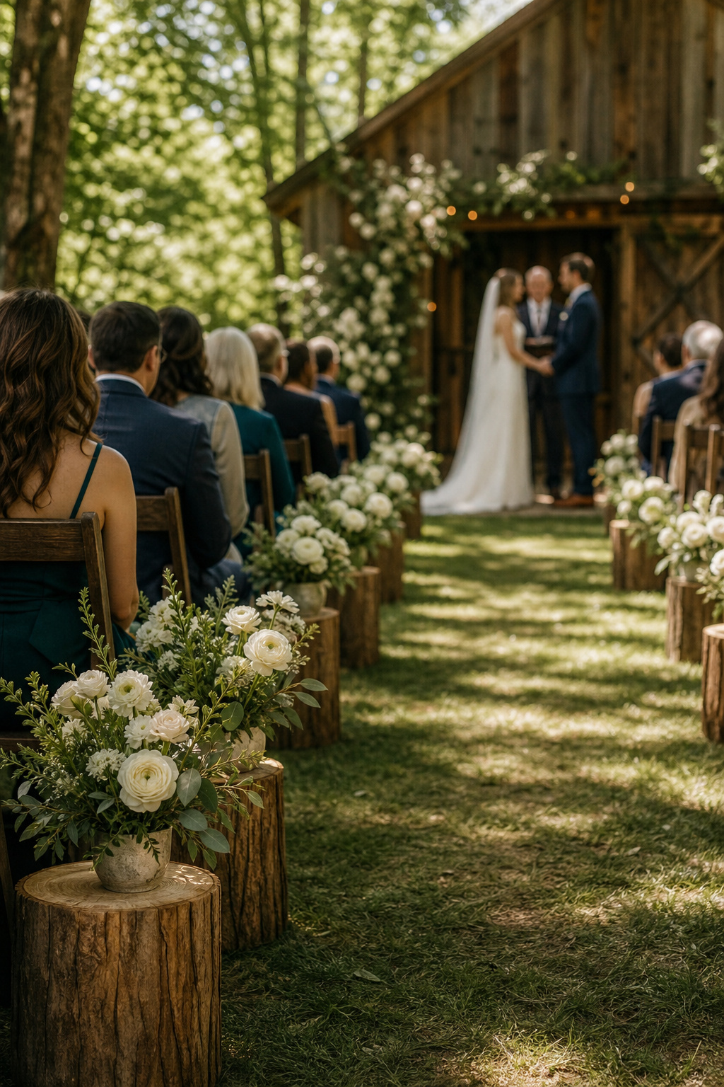 Small floral arrangements on cut tree stumps lining a rustic outdoor wedding aisle