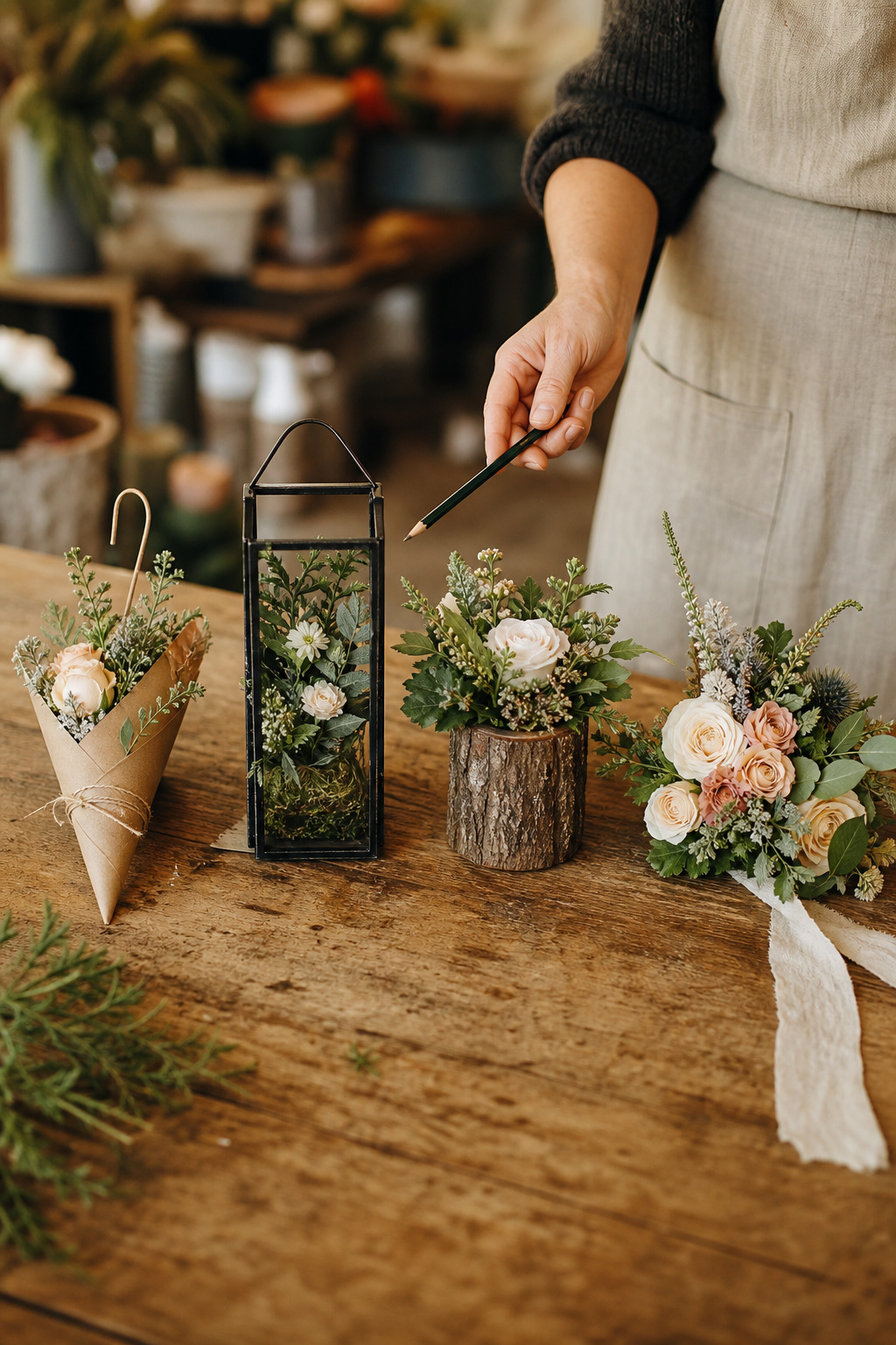 Florist reviewing wedding ceremony layout on a wooden worktable with flower samples