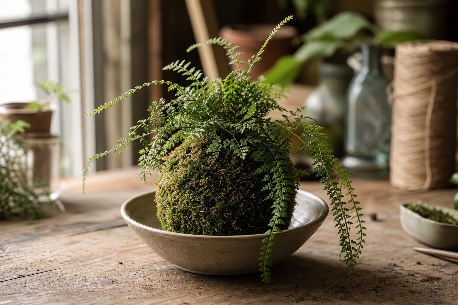 Finished kokedama moss ball in a ceramic bowl on a wooden florist worktable