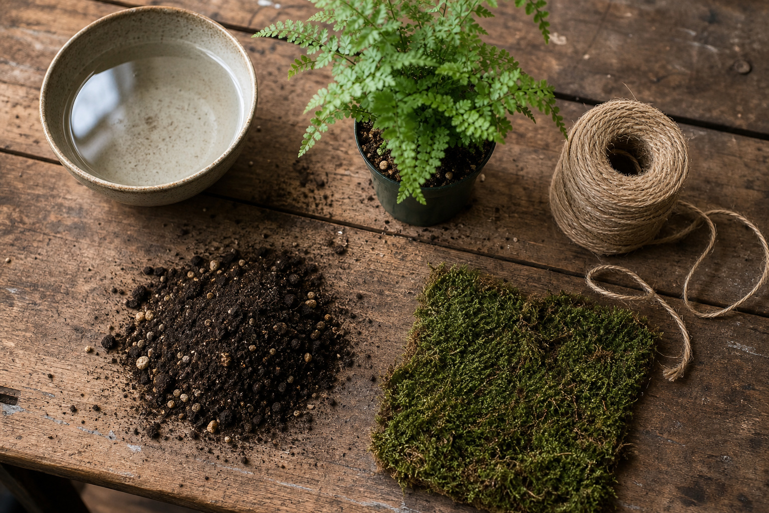 Kokedama materials laid out on a wooden worktable including bonsai soil, sheet moss, twine, and a small plant