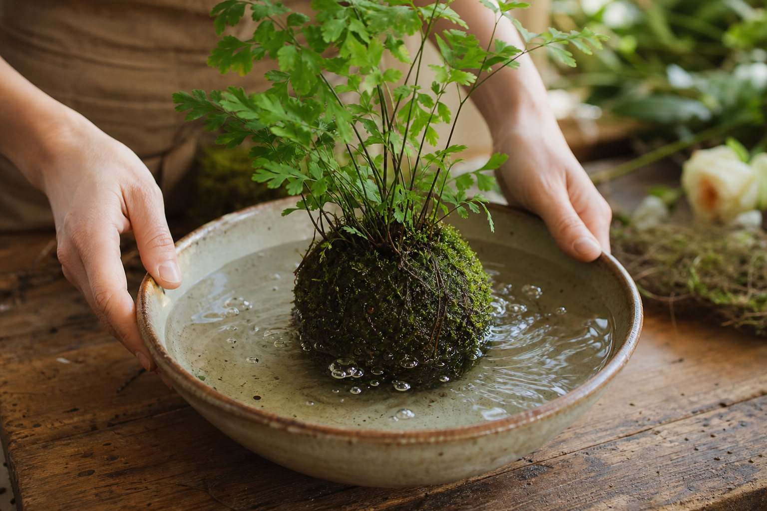 Kokedama being submerged in a ceramic bowl of water for watering