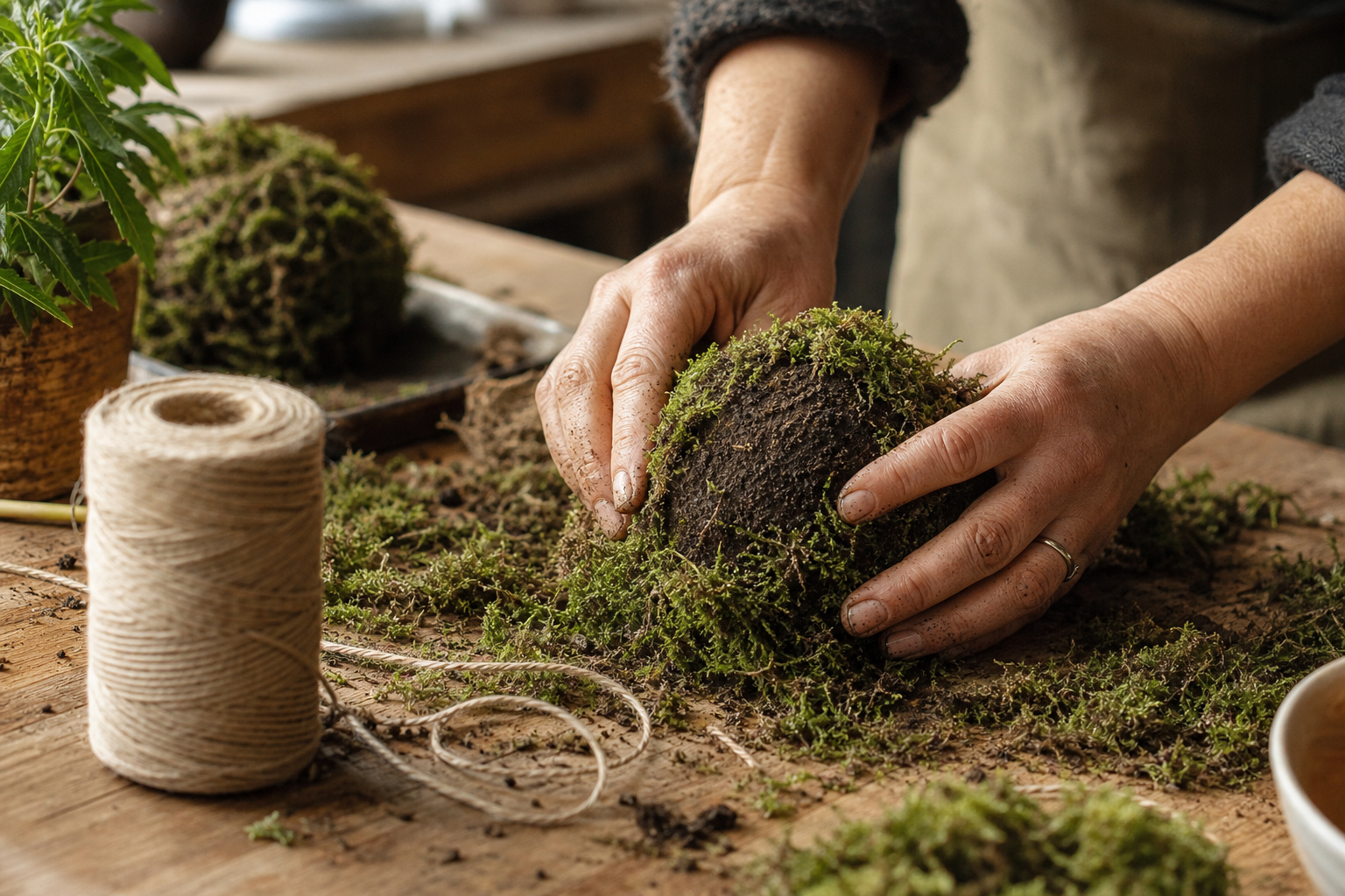 Hands wrapping a kokedama moss ball with sheet moss on a wooden worktable