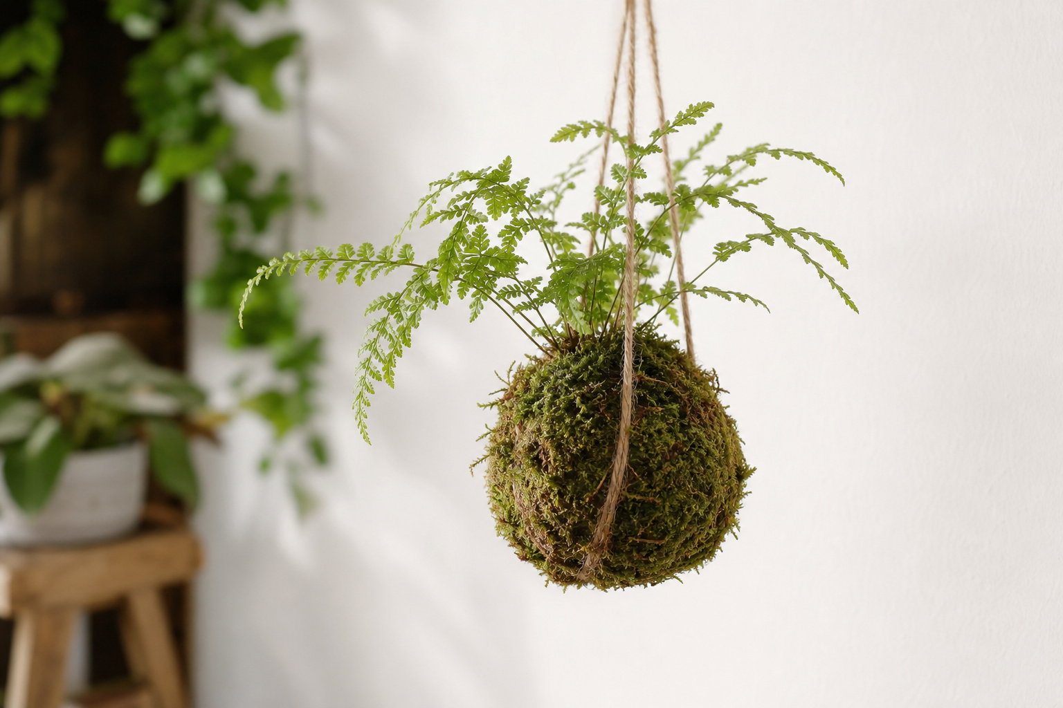Kokedama moss ball hanging from twine against a white wall with soft natural light