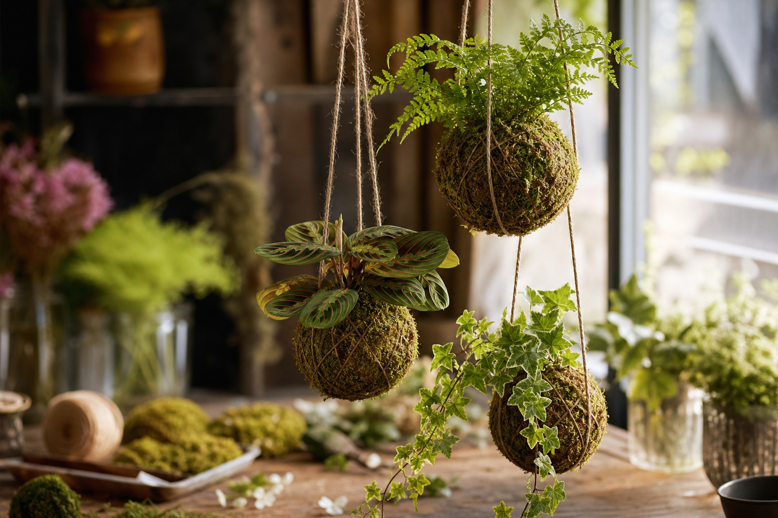 Three kokedama moss balls hanging at different heights in a bright window