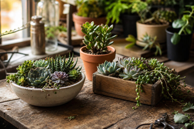 Assorted succulents in varied containers arranged on a wooden florist's worktable