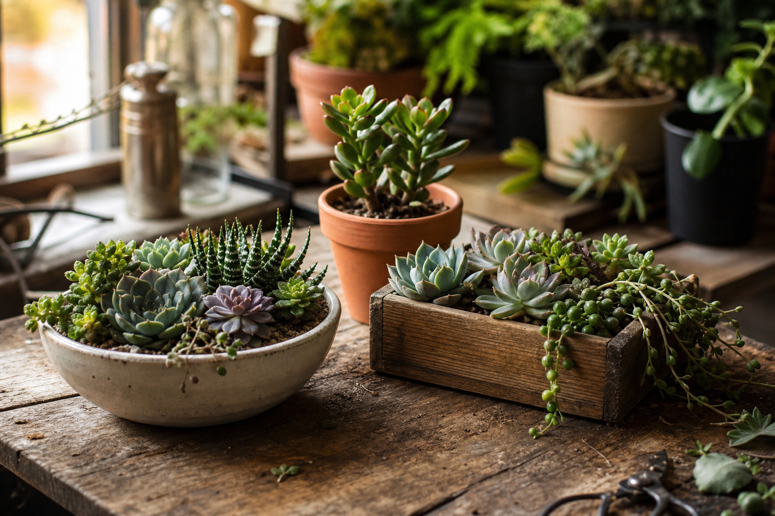 Assorted succulents in varied containers arranged on a wooden florist's worktable