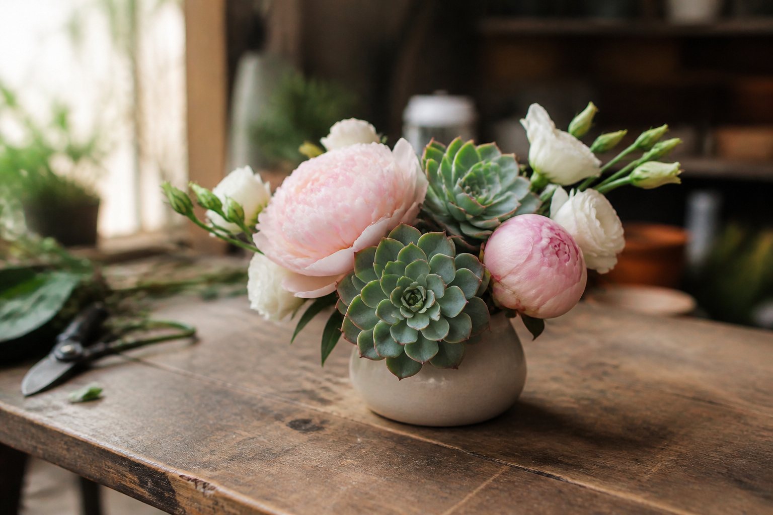 Floral arrangement combining fresh flowers and succulent rosettes in a ceramic vase on a wooden worktable