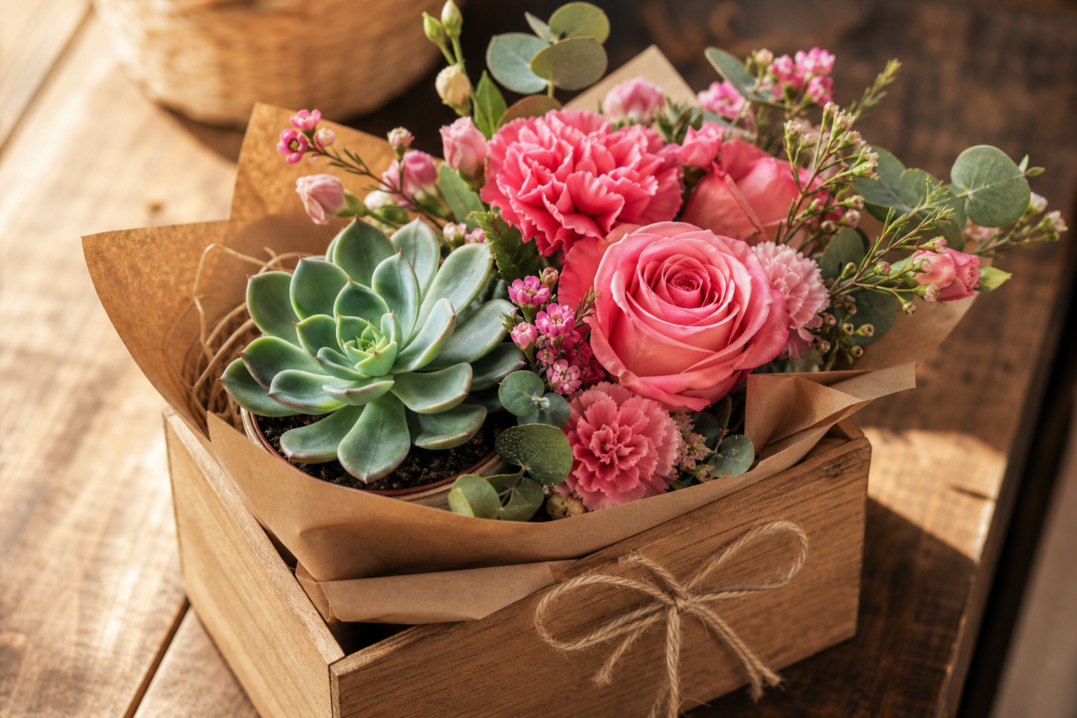 Hybrid gift arrangement combining a small potted succulent with fresh flowers in a wooden gift box