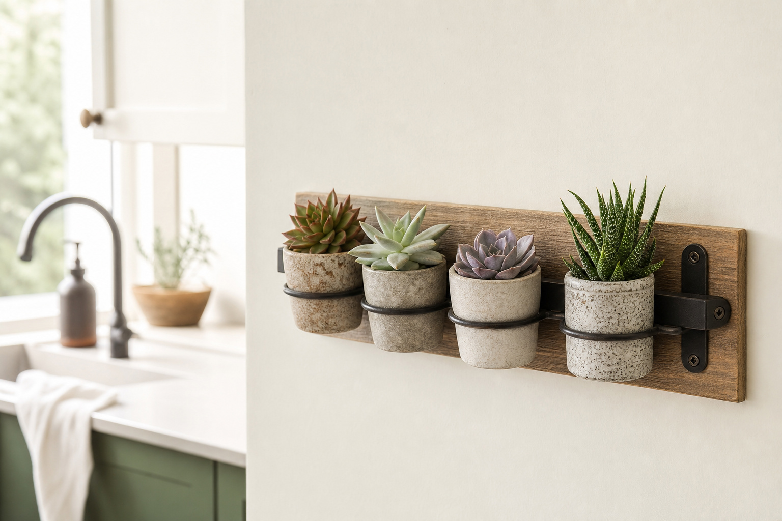 Succulents in small pots mounted on a wall hanger in a bright kitchen or bathroom