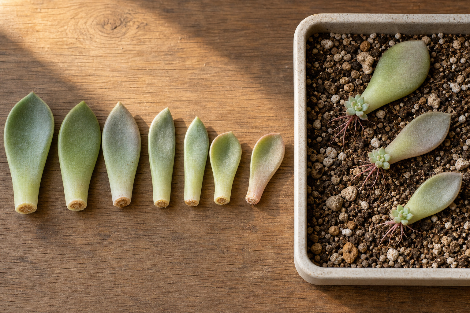 Succulent leaf cuttings laid out on a wooden surface next to a small pot of cactus mix