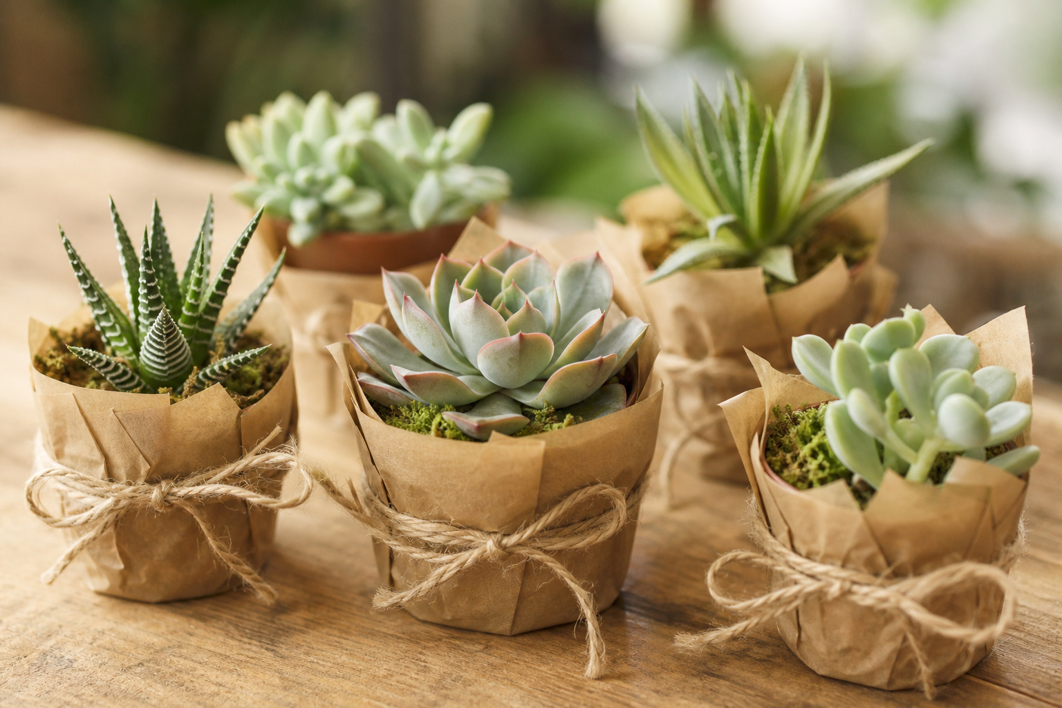 Small potted succulents wrapped in kraft paper and twine as wedding party favors on a wooden table