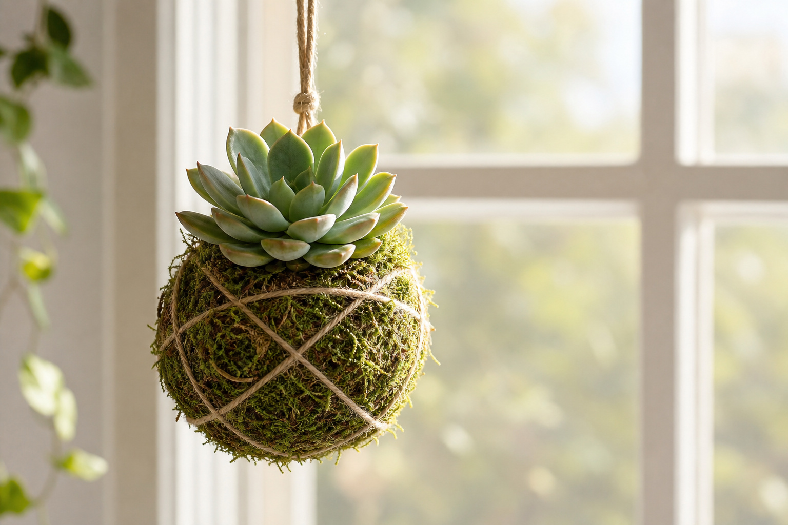 Succulent kokedama moss ball hanging near a bright window