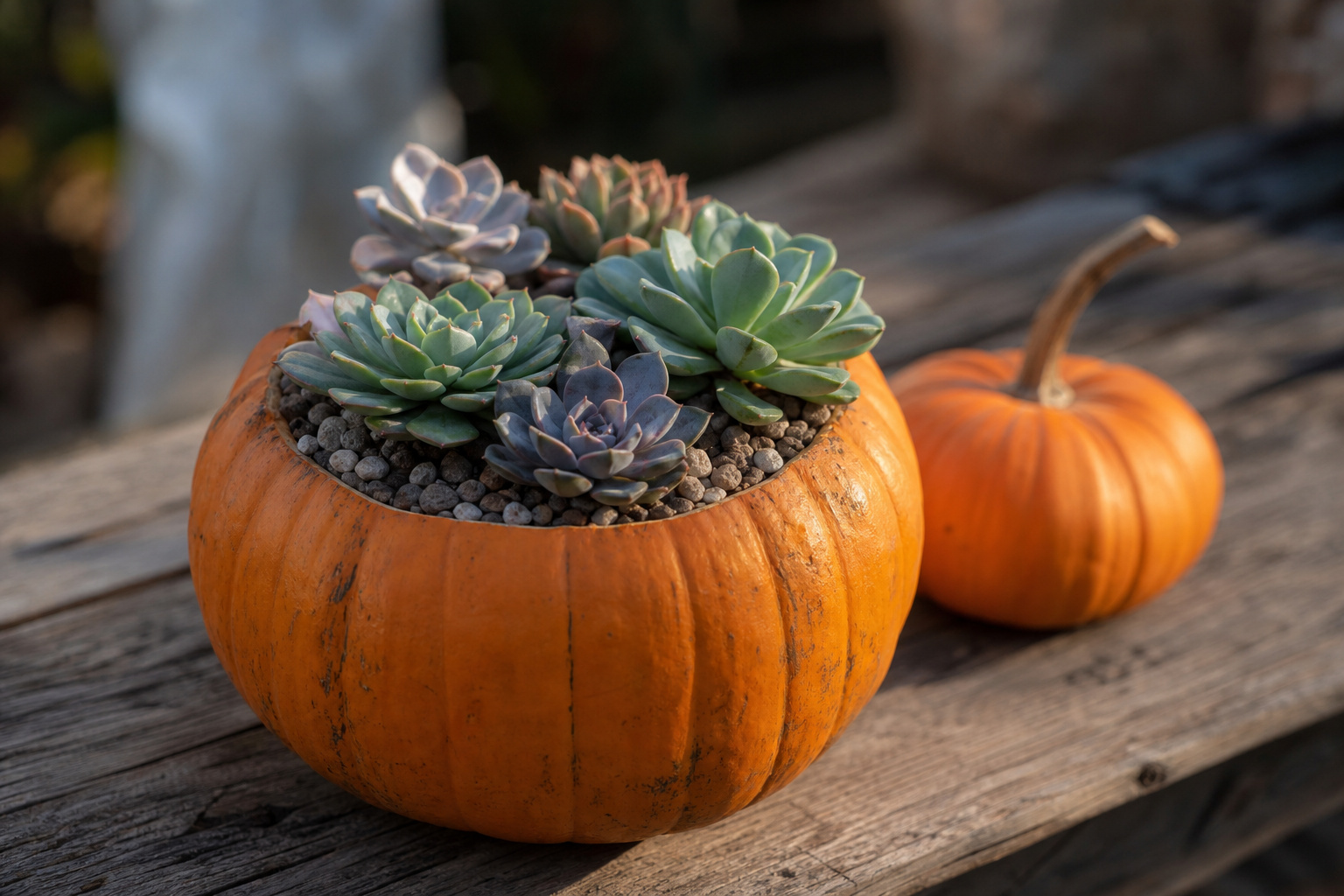 Small pumpkin planted with succulents on a wooden surface as a fall seasonal display