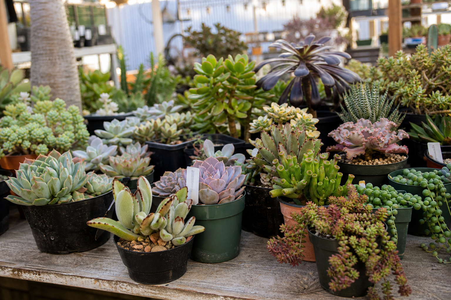 Assorted small succulent plants on a greenhouse or garden center bench ready for purchase