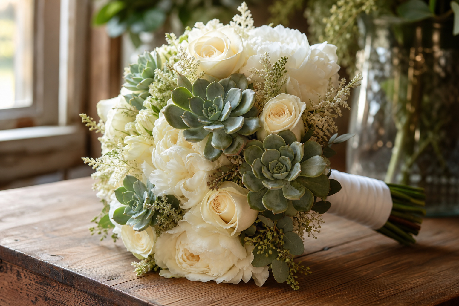 Bridal bouquet with wired succulent rosettes mixed with white flowers on a wooden surface