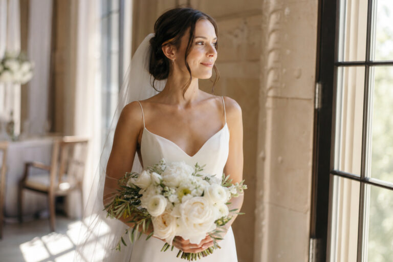 Bride holding a simple bridal bouquet at a sunlit venue with a calm, confident expression