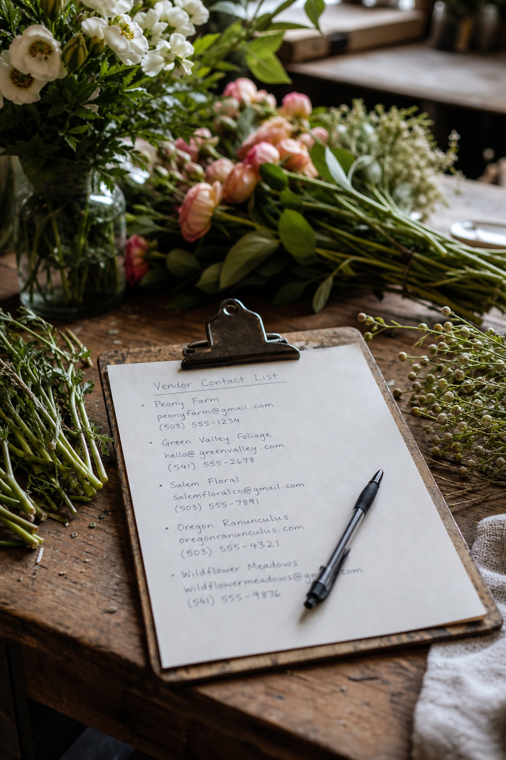 Handwritten vendor contact list on a clipboard next to fresh flower stems on a worktable