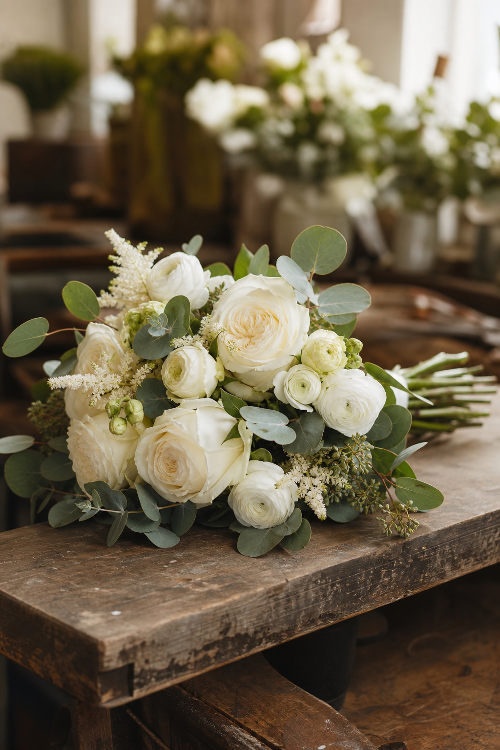 Seasonal bridal bouquet of white and cream flowers resting on a wooden florist bench