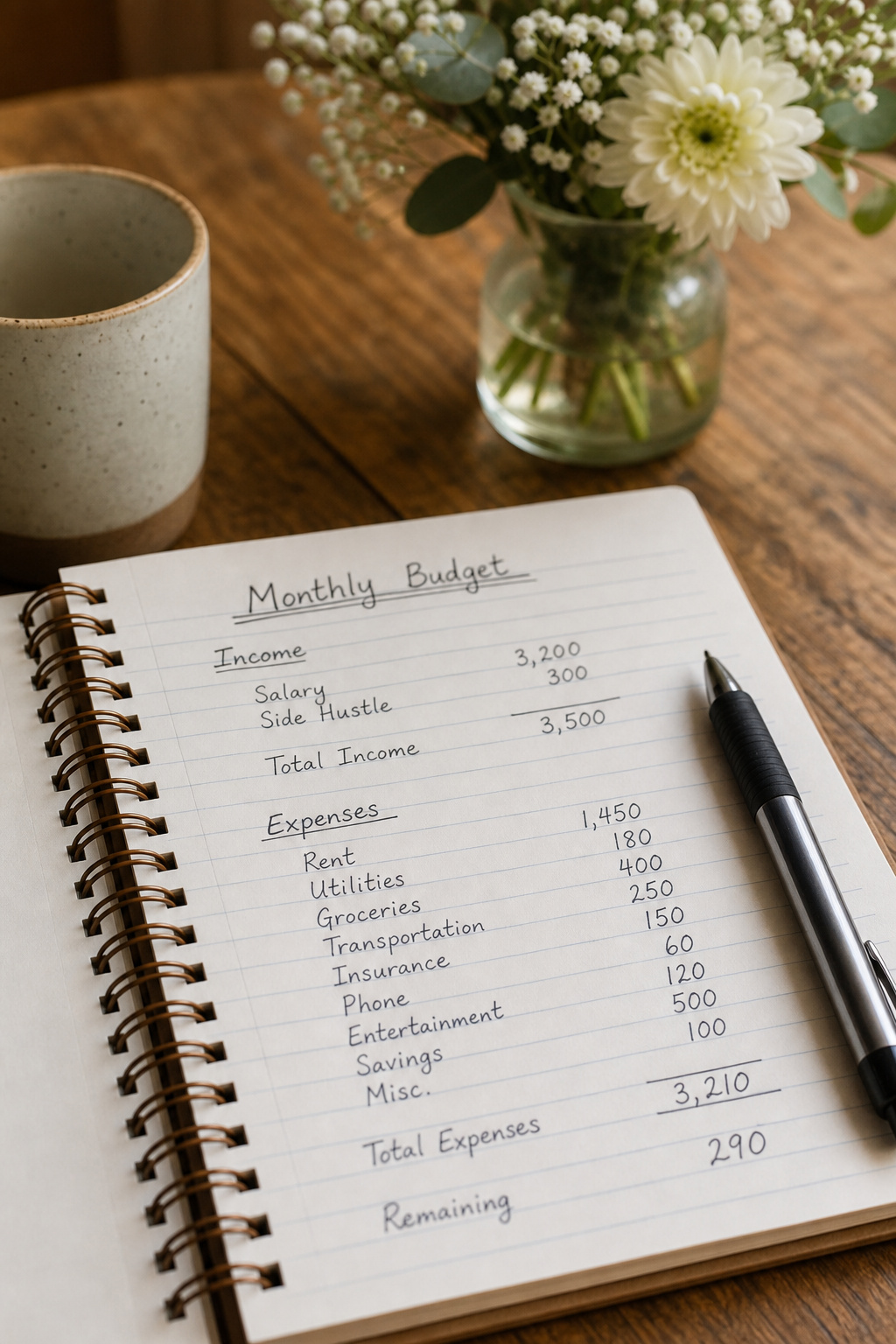 Budget worksheet and pen beside a small floral arrangement on a wooden worktable