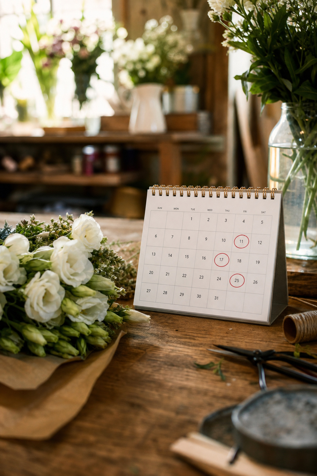 Countdown calendar and fresh flowers on a florist worktable