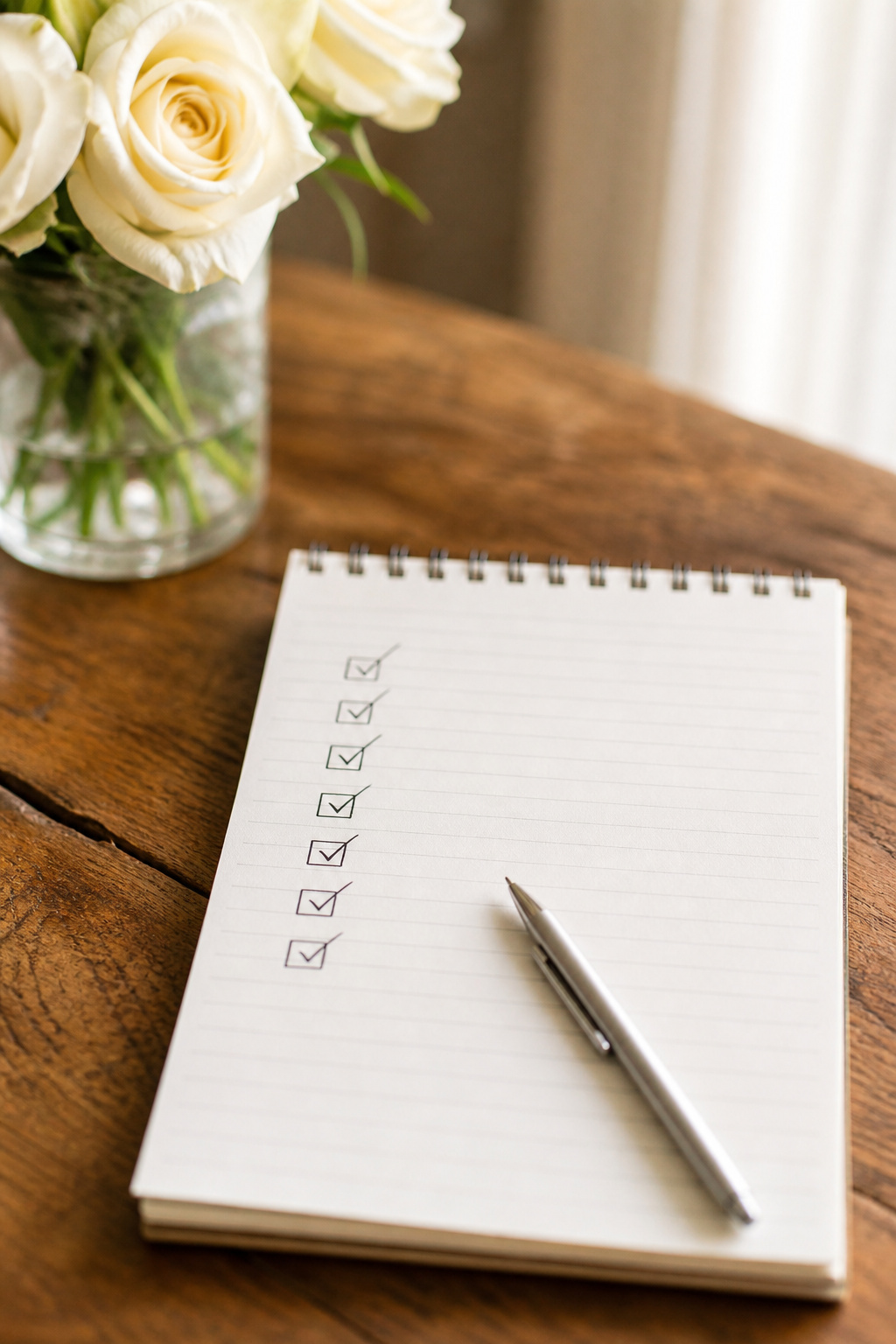 Simple wedding planning checklist and pen on a wooden table beside white roses