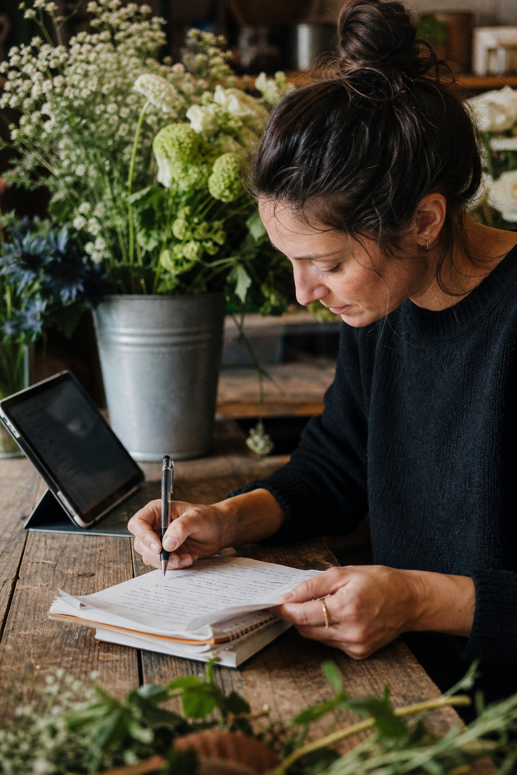 Florist reviewing notes beside a tablet on a wooden worktable with flowers nearby