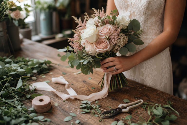 Bridal bouquet on a florist's worktable â€” lower wedding flower costs guide