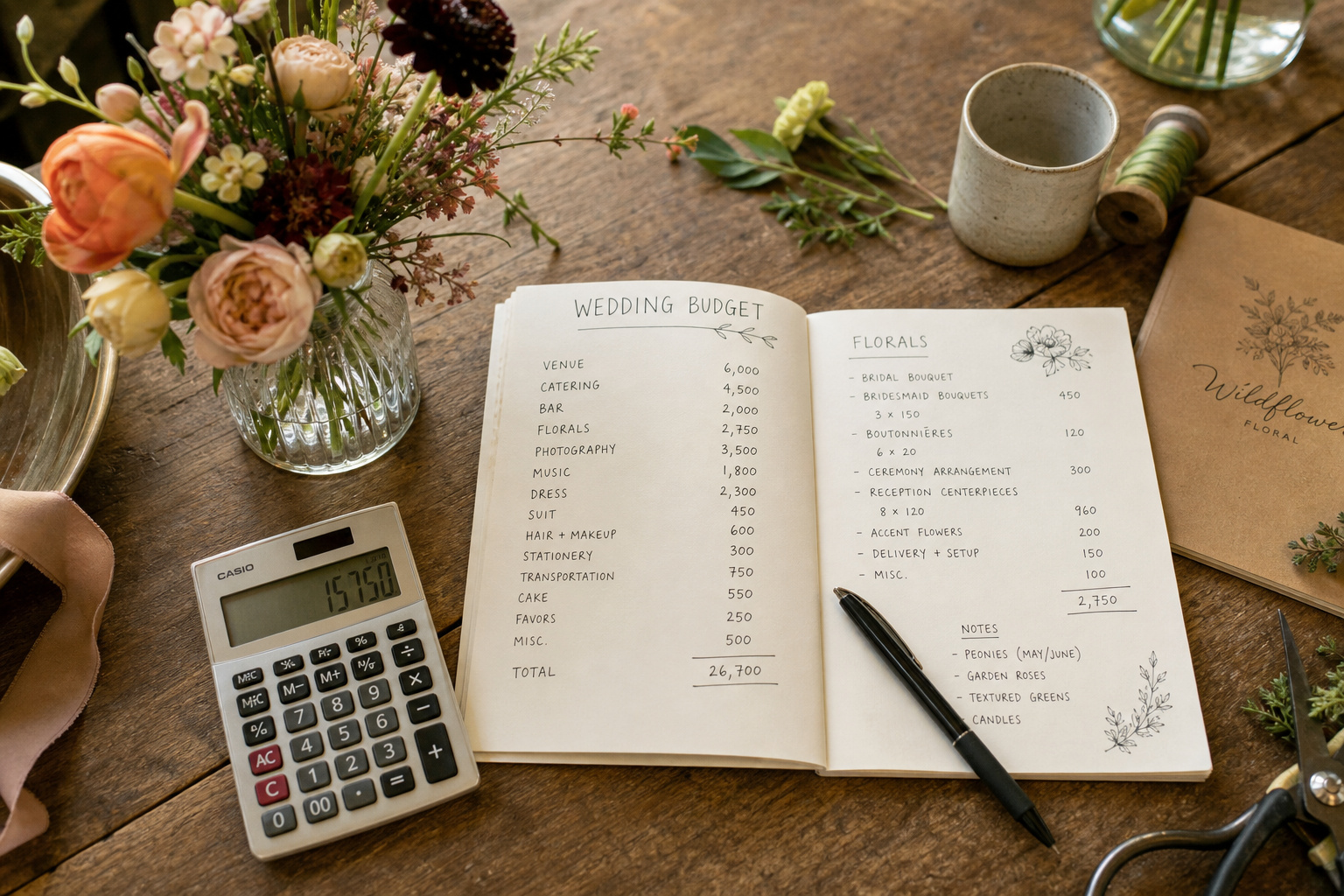 Wedding flower budget planning on a florist's worktable