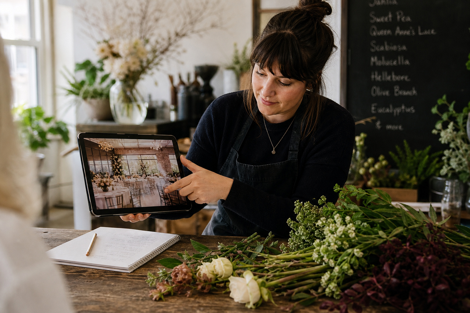 Florist reviewing venue photos during a wedding consultation