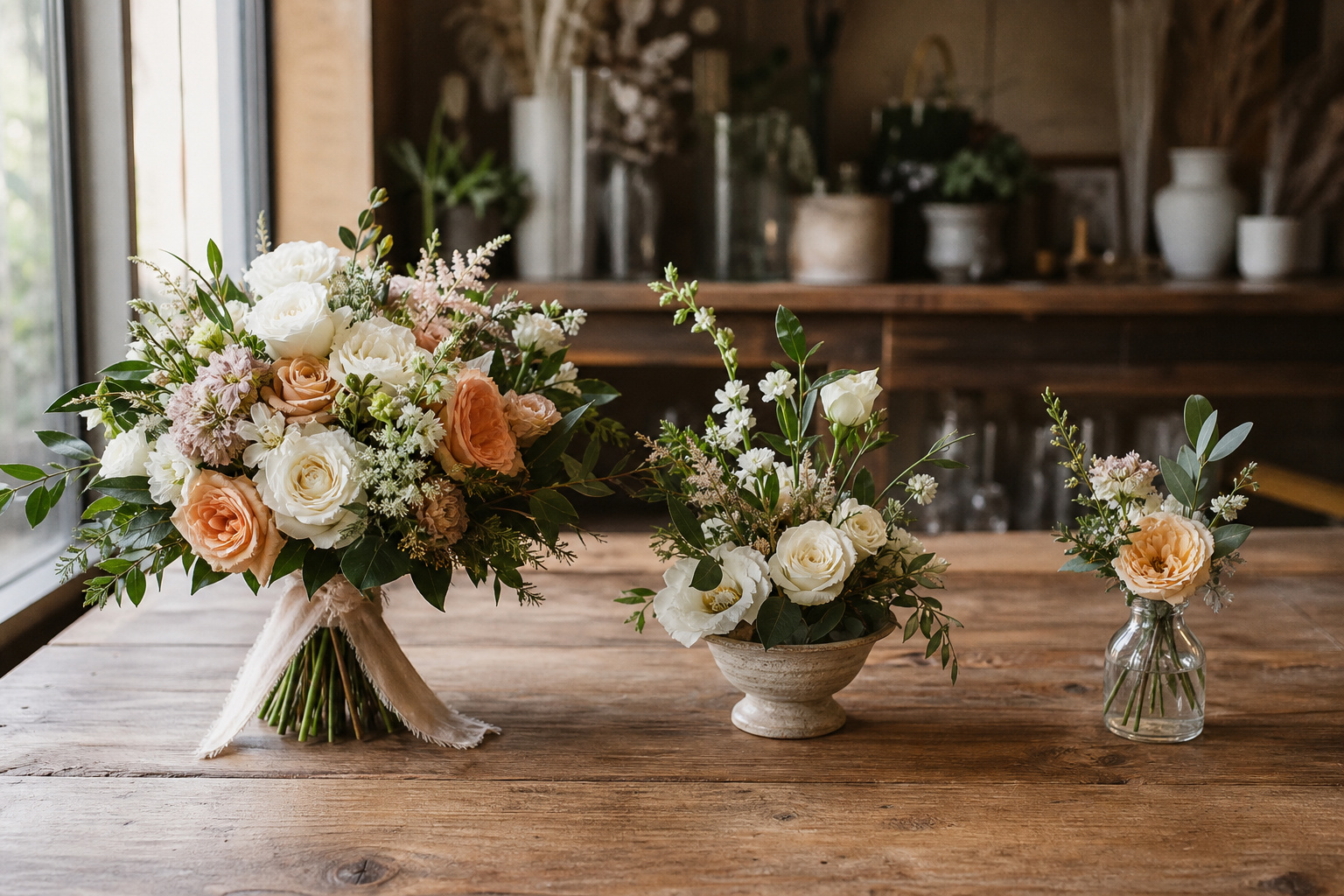 Bridal bouquet, ceremony arrangement, and reception centerpiece side by side