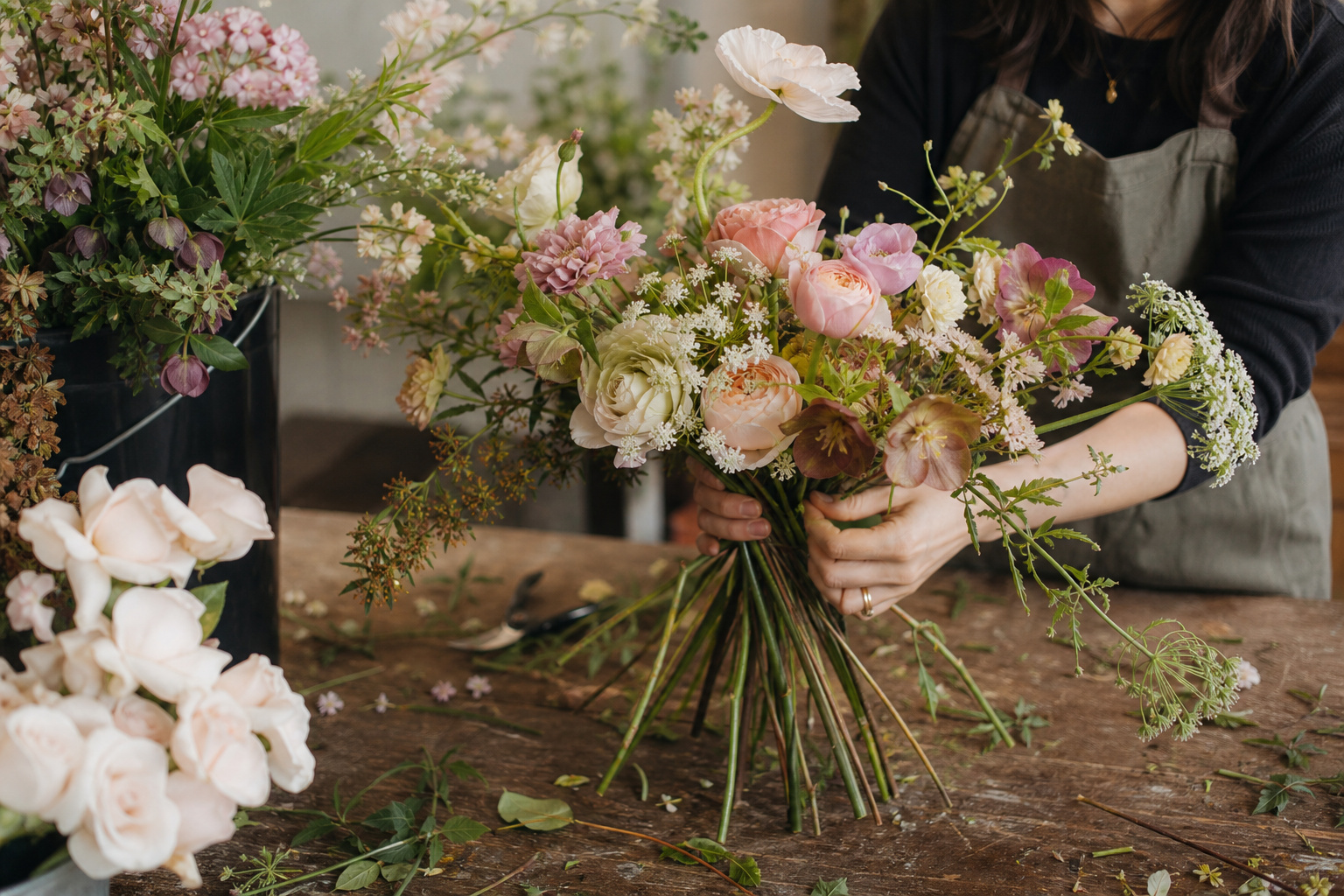 Florist arranging a flexible color-palette bouquet from seasonal stems