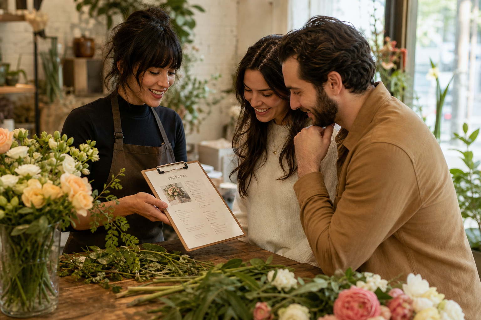 Florist and couple reviewing a wedding flower proposal