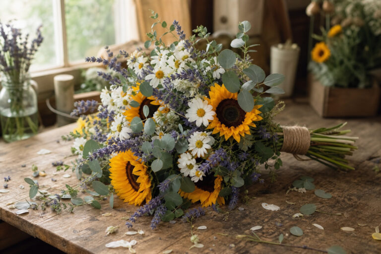 Simple country wedding bouquet with sunflowers, daisies, and eucalyptus on a wooden worktable