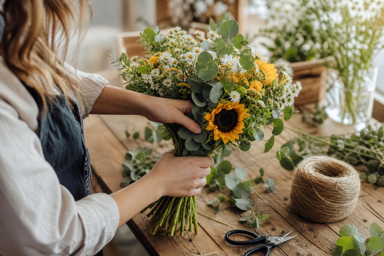 Hands assembling a country wedding bouquet on a wooden worktable with twine and flowers
