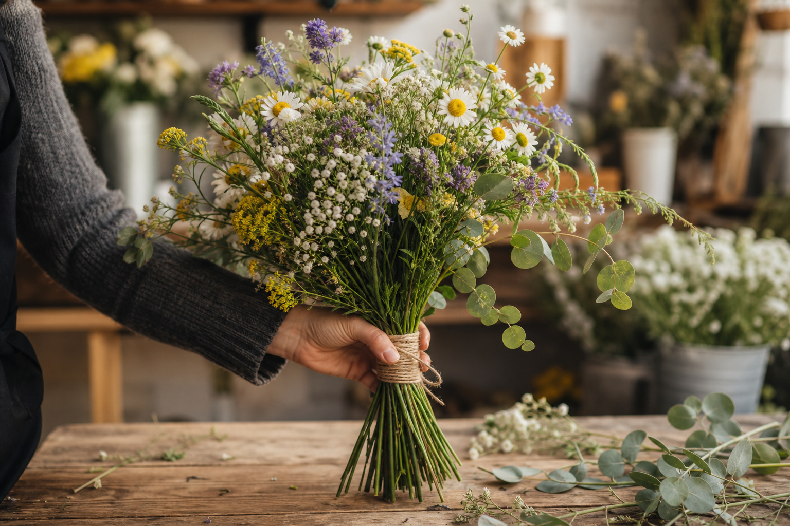 Loose country-style wedding bouquet with wildflowers and greenery on a wooden surface