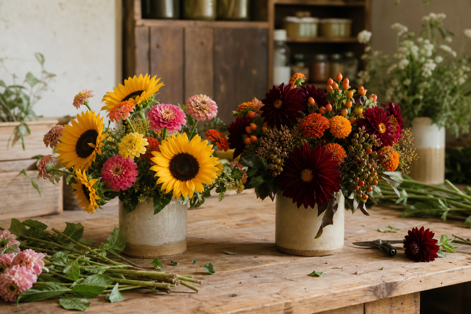 Seasonal wedding flowers including dahlias, sunflowers, and peonies arranged on a worktable