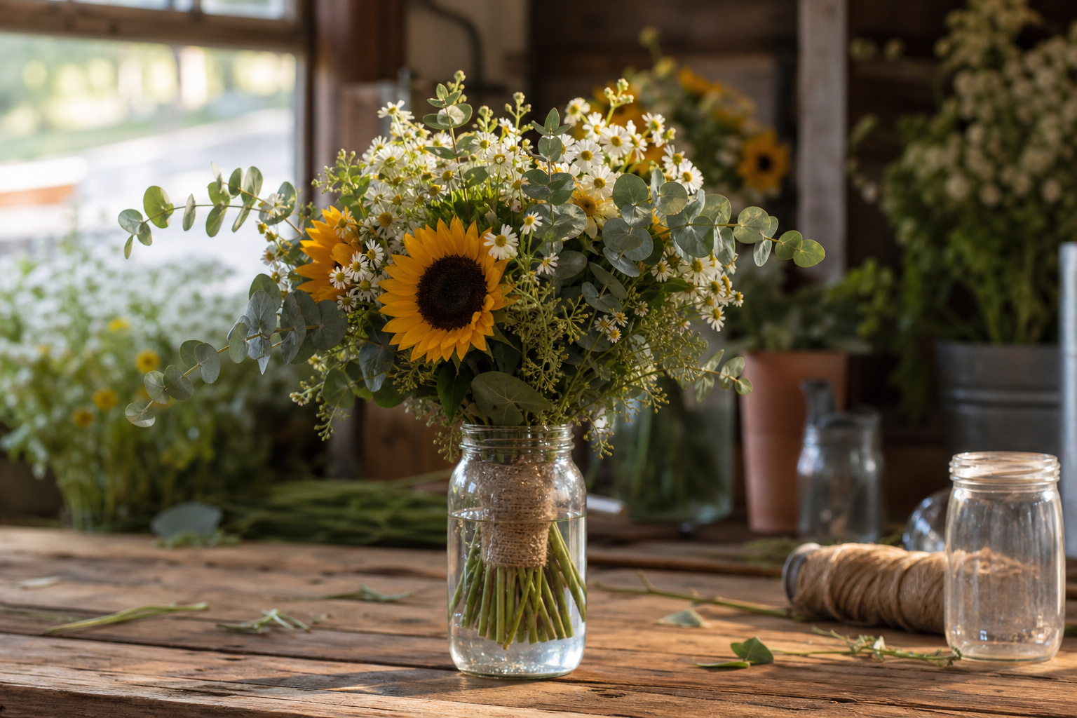 Freshly assembled country wedding bouquet in a jar of water on a wooden surface
